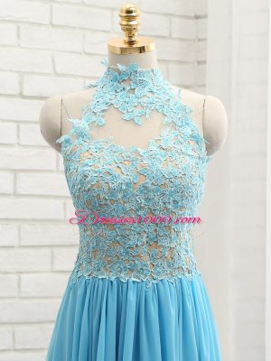 Baby Blue Sleeveless Lace Floor Length