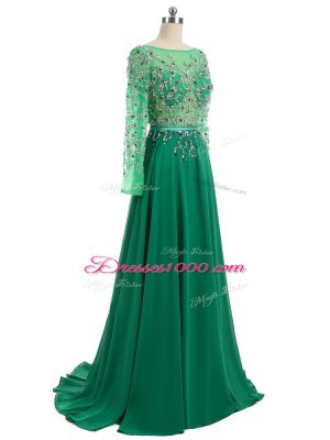 Fitting Long Sleeves Beading Backless Prom Dresses with Green Brush Train