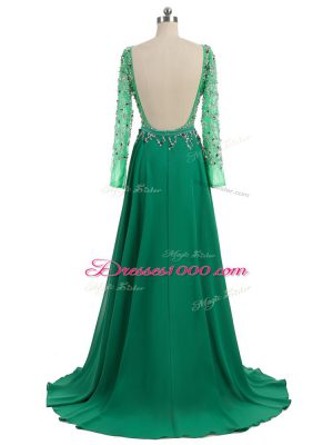 Fitting Long Sleeves Beading Backless Prom Dresses with Green Brush Train
