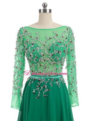 Fitting Long Sleeves Beading Backless Prom Dresses with Green Brush Train