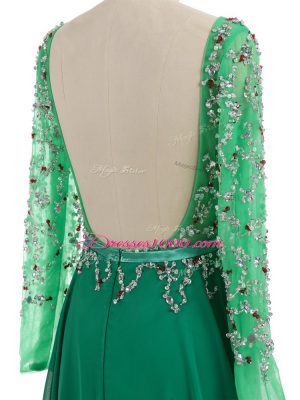 Fitting Long Sleeves Beading Backless Prom Dresses with Green Brush Train