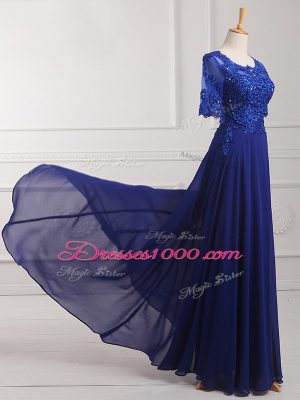 Affordable Half Sleeves Chiffon Floor Length Zipper Mother of the Bride Dress in Royal Blue with Lace and Appliques