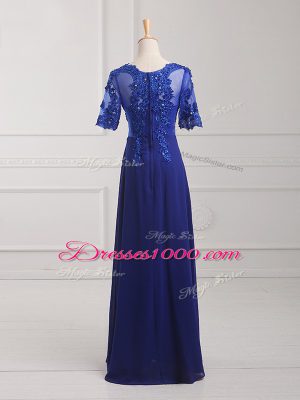 Affordable Half Sleeves Chiffon Floor Length Zipper Mother of the Bride Dress in Royal Blue with Lace and Appliques