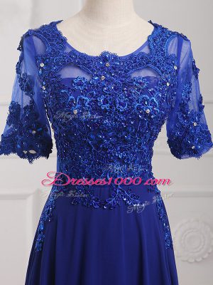 Affordable Half Sleeves Chiffon Floor Length Zipper Mother of the Bride Dress in Royal Blue with Lace and Appliques