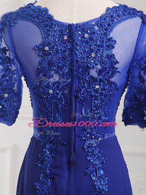 Affordable Half Sleeves Chiffon Floor Length Zipper Mother of the Bride Dress in Royal Blue with Lace and Appliques