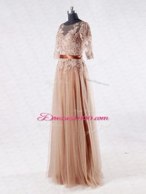 Glamorous Brown Empire Tulle Scoop Half Sleeves Lace and Appliques Floor Length Zipper Mother of Bride Dresses