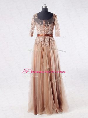 Glamorous Brown Empire Tulle Scoop Half Sleeves Lace and Appliques Floor Length Zipper Mother of Bride Dresses