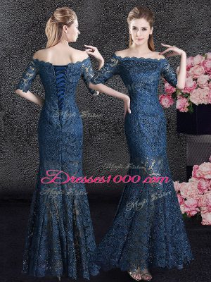 Mermaid Navy Blue Off The Shoulder Neckline Lace Mother of the Bride Dress Half Sleeves Lace Up