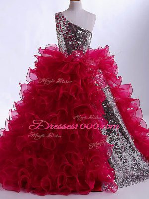 Wine Red Ball Gowns Ruffles and Sequins Child Pageant Dress Zipper Organza and Sequined Sleeveless Floor Length