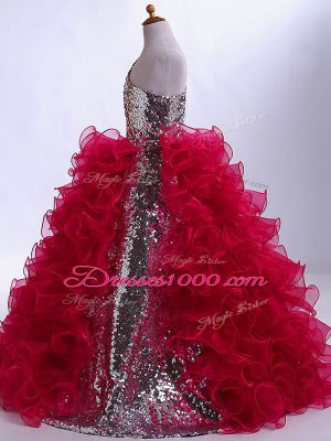 Wine Red Ball Gowns Ruffles and Sequins Child Pageant Dress Zipper Organza and Sequined Sleeveless Floor Length