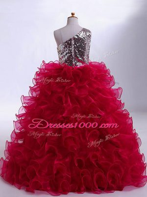 Wine Red Ball Gowns Ruffles and Sequins Child Pageant Dress Zipper Organza and Sequined Sleeveless Floor Length
