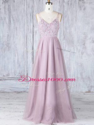 Sexy Pink Empire V-neck Sleeveless Tulle Floor Length Clasp Handle Lace Bridesmaid Dresses