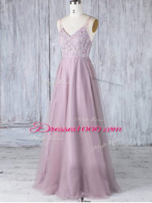 Sexy Pink Empire V-neck Sleeveless Tulle Floor Length Clasp Handle Lace Bridesmaid Dresses