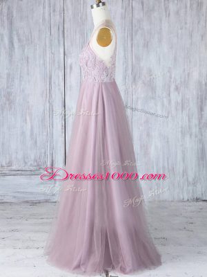 Sexy Pink Empire V-neck Sleeveless Tulle Floor Length Clasp Handle Lace Bridesmaid Dresses