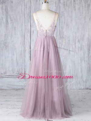 Sexy Pink Empire V-neck Sleeveless Tulle Floor Length Clasp Handle Lace Bridesmaid Dresses