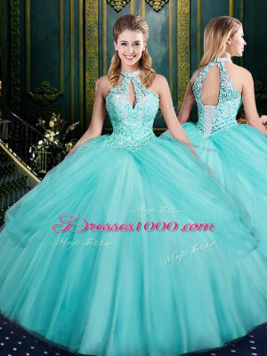 Aqua Blue Ball Gowns Tulle Halter Top Sleeveless Beading and Pick Ups Floor Length Lace Up Quince Ball Gowns