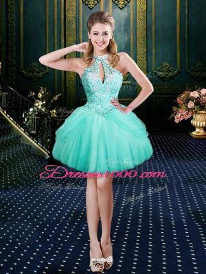 Aqua Blue Ball Gowns Tulle Halter Top Sleeveless Beading and Pick Ups Floor Length Lace Up Quince Ball Gowns