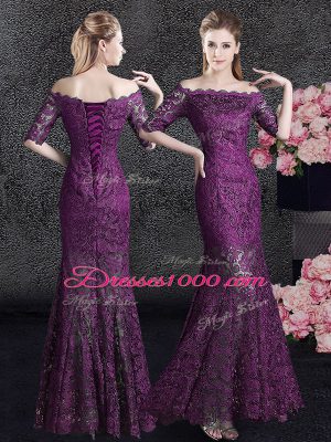 Stylish Mermaid Off the Shoulder Purple Half Sleeves Lace Floor Length Mother of Bride Dresses