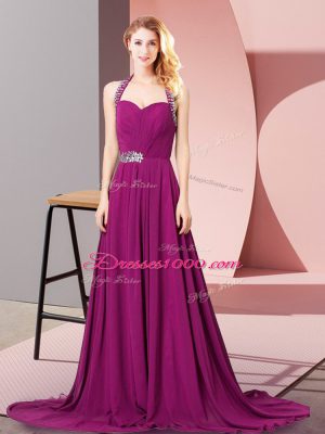 Vintage Fuchsia Empire Beading and Ruching Dress for Prom Zipper Chiffon Sleeveless