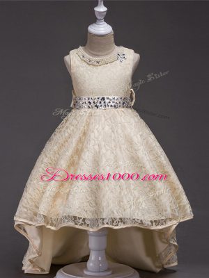 Champagne A-line Beading Little Girls Pageant Dress Lace Up Lace Sleeveless High Low