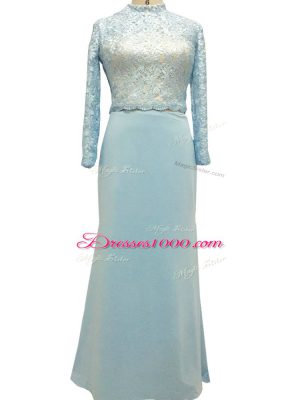 Hot Sale Long Sleeves Chiffon Floor Length Side Zipper Mother of the Bride Dress in Light Blue with Lace