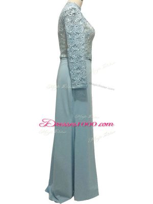 Hot Sale Long Sleeves Chiffon Floor Length Side Zipper Mother of the Bride Dress in Light Blue with Lace