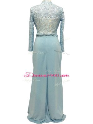 Hot Sale Long Sleeves Chiffon Floor Length Side Zipper Mother of the Bride Dress in Light Blue with Lace