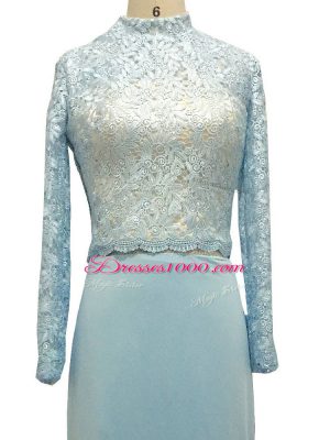 Hot Sale Long Sleeves Chiffon Floor Length Side Zipper Mother of the Bride Dress in Light Blue with Lace