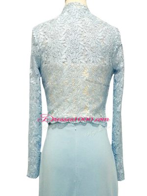 Hot Sale Long Sleeves Chiffon Floor Length Side Zipper Mother of the Bride Dress in Light Blue with Lace