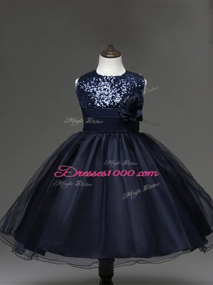 Sleeveless Knee Length Sequins and Hand Made Flower Zipper Little Girls Pageant Gowns with Navy Blue