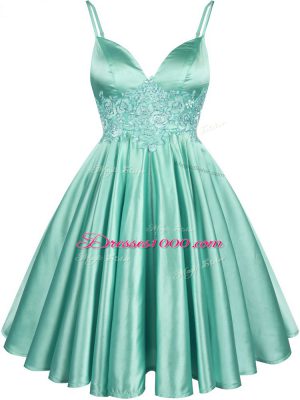 Best A-line Bridesmaid Gown Apple Green Spaghetti Straps Elastic Woven Satin Sleeveless Knee Length Lace Up