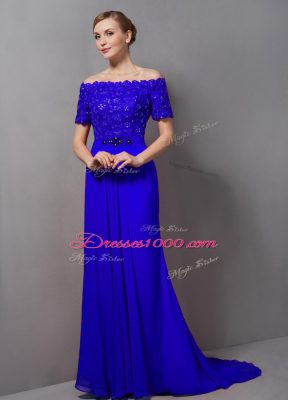 Short Sleeves Lace Zipper Mother of Bride Dresses with Royal Blue Sweep Train