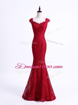 Sleeveless Floor Length Lace Lace Up Celebrity Inspired Dress with Red