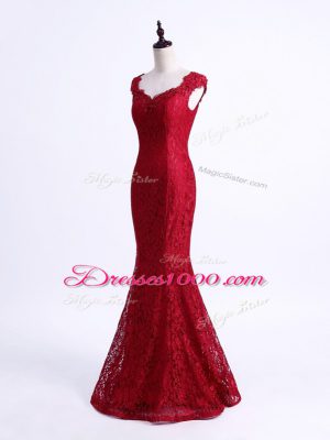 Sleeveless Floor Length Lace Lace Up Celebrity Inspired Dress with Red