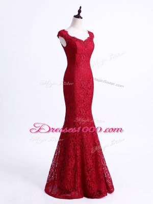 Sleeveless Floor Length Lace Lace Up Celebrity Inspired Dress with Red