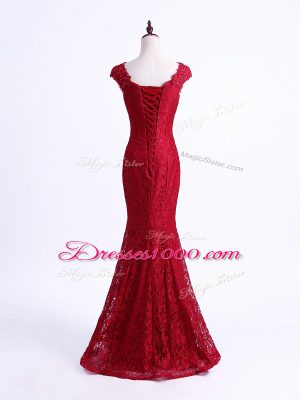 Sleeveless Floor Length Lace Lace Up Celebrity Inspired Dress with Red