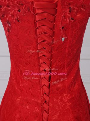 Red Sleeveless Lace Lace Up Prom Dresses for Prom and Military Ball