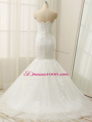 Extravagant White Wedding Dresses Wedding Party with Lace Sweetheart Sleeveless Brush Train Zipper