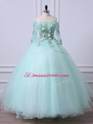 3 4 Length Sleeve Tulle Floor Length Lace Up Sweet 16 Dress in Apple Green with Beading