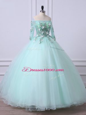 3 4 Length Sleeve Tulle Floor Length Lace Up Sweet 16 Dress in Apple Green with Beading