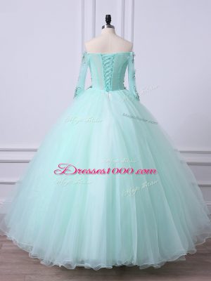 3 4 Length Sleeve Tulle Floor Length Lace Up Sweet 16 Dress in Apple Green with Beading