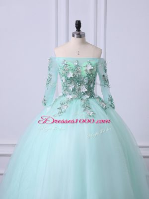 3 4 Length Sleeve Tulle Floor Length Lace Up Sweet 16 Dress in Apple Green with Beading