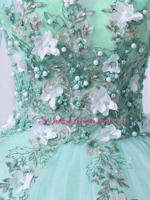 3 4 Length Sleeve Tulle Floor Length Lace Up Sweet 16 Dress in Apple Green with Beading