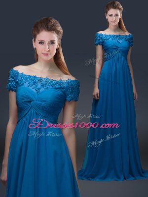 Royal Blue Mother of Bride Dresses Prom and Party with Appliques Off The Shoulder Short Sleeves Lace Up