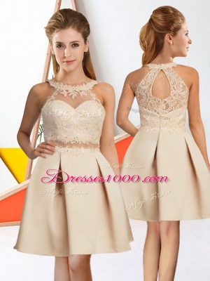 Sleeveless Chiffon Knee Length Zipper Quinceanera Dama Dress in Champagne with Lace