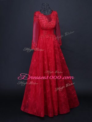 Red Tulle Lace Up Scoop Long Sleeves Floor Length Mother of Groom Dress Lace and Appliques