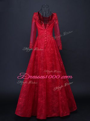 Red Tulle Lace Up Scoop Long Sleeves Floor Length Mother of Groom Dress Lace and Appliques