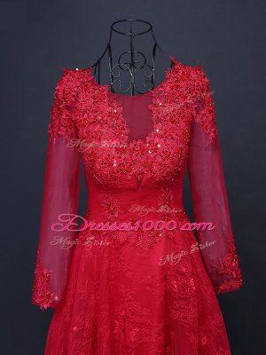 Red Tulle Lace Up Scoop Long Sleeves Floor Length Mother of Groom Dress Lace and Appliques