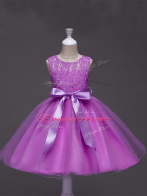 Lilac Ball Gowns Tulle Scoop Sleeveless Lace and Belt Knee Length Zipper Custom Made