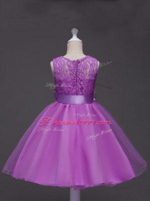 Lilac Ball Gowns Tulle Scoop Sleeveless Lace and Belt Knee Length Zipper Custom Made